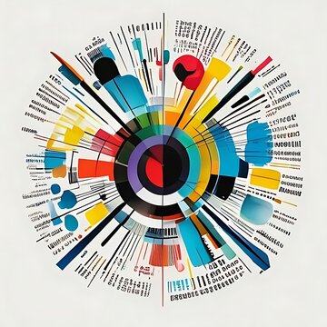 Colorful concentric circles with business icons overlay.