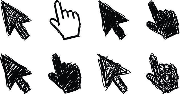 Hand-drawn cursor icons set, black ink sketch mouse pointers and hand clickers, 8 vector doodle arrow and finger selection elements