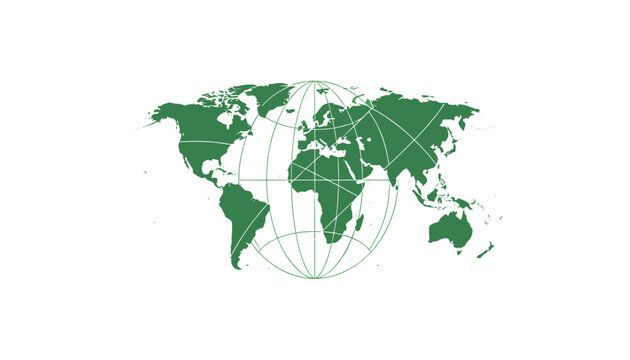 World map illustration with longitudinal and latitudinal grid lines highlighting global connectivity and international reach.