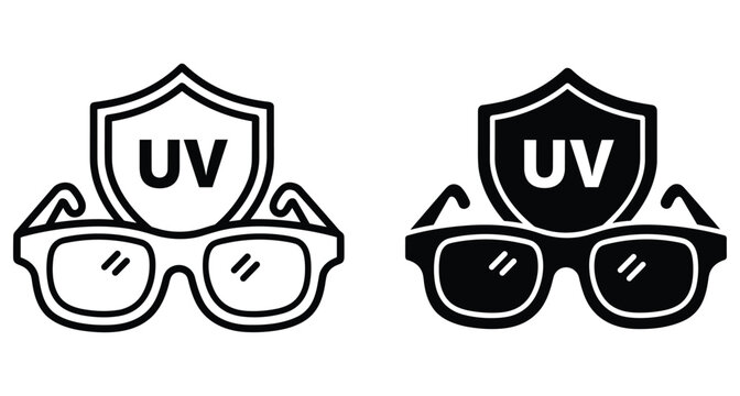 Sunglasses with UV protection shield icon set representing ultraviolet ray defense for eye health safety and summer outdoor optical eyewear