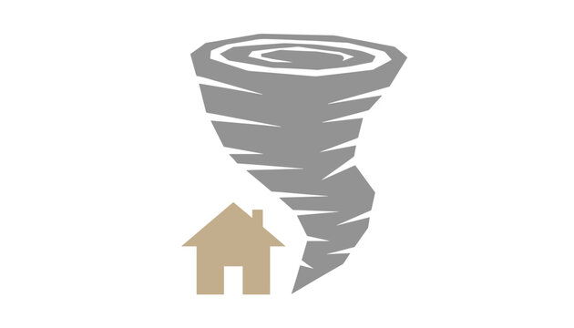 Gray tornado funnel cloud looming next to a small house depicting the threat of natural disasters and storm safety concepts.