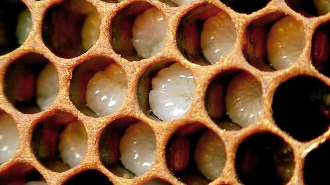Zoom out of honey bee larvae inside a natural wax honeycomb grid with adult bees moving at the edge