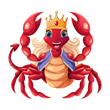 Majestic scorpion queen mascot adorned with a ruby crown and royal collar stretching her pincers for fantasy card game emblem art