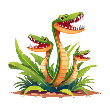 Mythical three headed hydra snake monster emerging from green bushes showing sharp teeth for fantasy roleplay board game card artwork asset