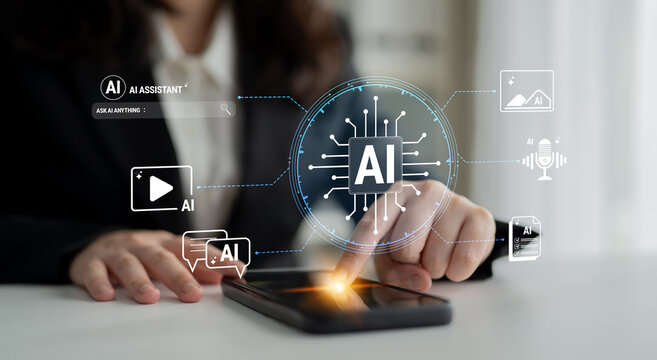 Person Using Smartphone with AI Technology Icons, Digital Interface, Virtual Assistant Features, Future Innovation, Connectivity Concept. Glyphic.