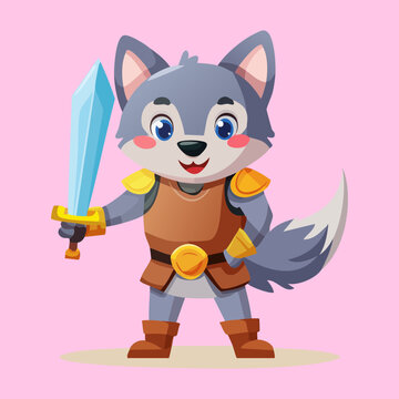 Cute little wolf knight character holding a silver sword wearing a brown leather vest standing proudly for children adventure game graphics