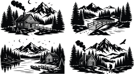 Mountain landscape nature illustrations set with log cabin wooden bridge lake and hiking adventurer for travel badge design © ORCHONA
