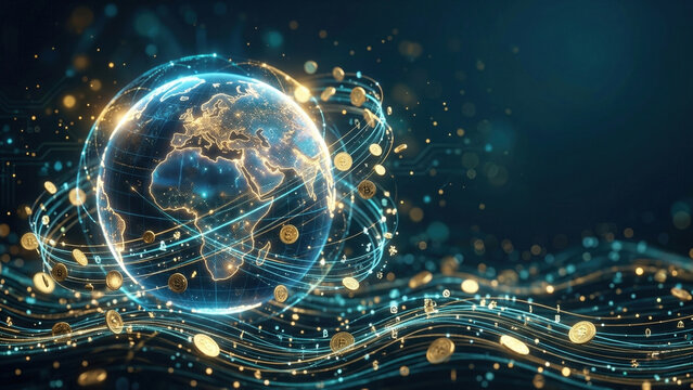Digital globe with financial data streams and gold accents, global fintech