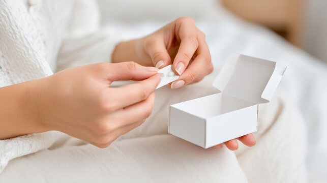 Woman taking pill from blister pack. Female hands holding medication for thyroid health and hormone treatment. Patient managing daily fatigue and therapy with pharmaceutical supplement.