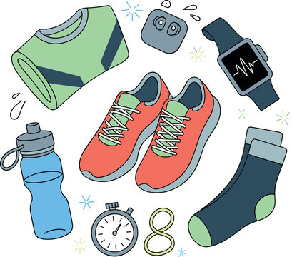 Fitness and running gear vector element set with sports shoes, smartwatch, water bottle, workout shirt, socks, and stopwatch for active lifestyle designs,
