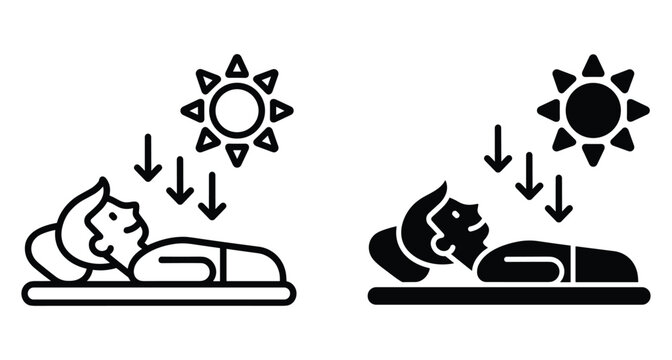 Sunbathing icon set showing person lying down under sun rays for tanning skin care health and summer vacation sunbathing icon