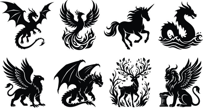 Mythical creatures and fantasy monsters black silhouette icon set with dragon phoenix unicorn griffin and sea serpent isolated on white background