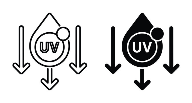 UV protection icon set showing liquid drop with ultraviolet rays shield and downward arrows for sunblock skincare and cosmetic product packaging