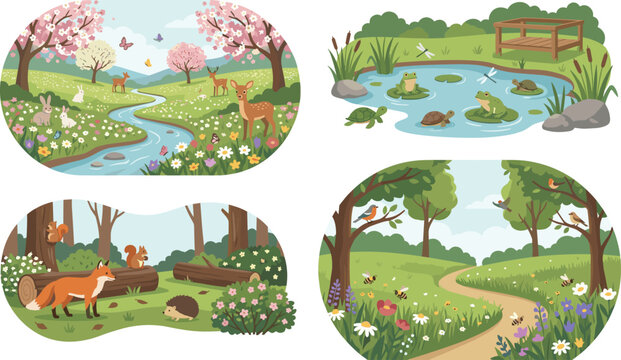 Nature landscape collection featuring spring meadow wildlife pond ecosystem forest woods and summer garden trail vector vignettes