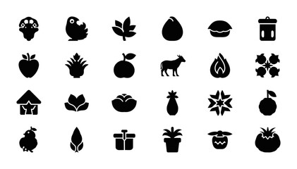 A comprehensive collection of diverse vector icons featuring stylized plants organic fruits animals abstract symbols and geometric shapes for digital design