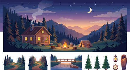 Night camping landscape vector elements set with cozy log cabin campfire tent mountains and pine trees © Kulsum