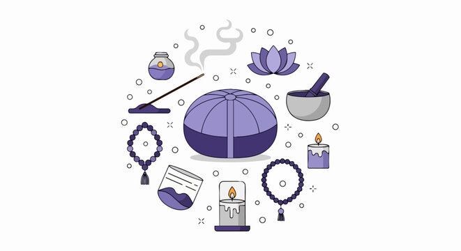 Meditation and Mindfulness Accessories Vector Illustration Set with Zafu, Singing Bowl, Mala Beads, and Lotus Flower in Zen Purple Style