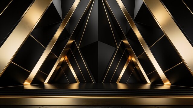 Modern geometric abstract design featuring symmetrical golden triangular shapes on dark reflective background
