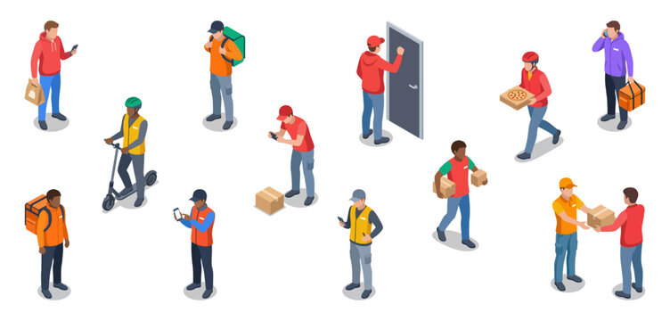 Delivery workers and couriers delivering food orders and packages to customers | Isometric character vector illustration set