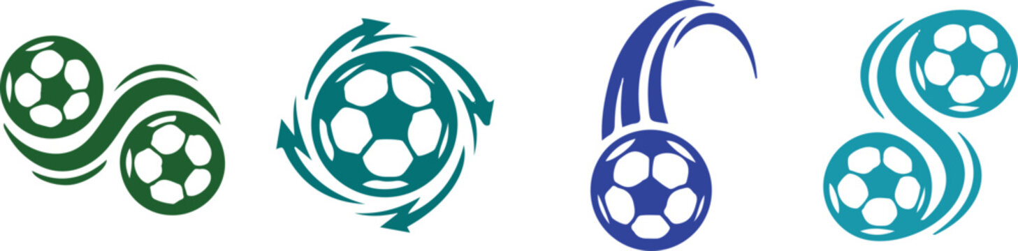 Double soccer ball logos connected by S curve waves and spinning arrow vortex