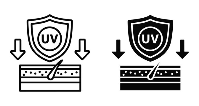 UV protection skin care icon set showing shield blocking ultraviolet rays from epidermis layers with hair follicle and arrows