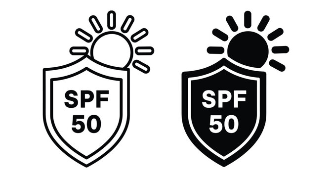 Sun protection factor SPF 50 icons with shield and sun symbols for skincare safety ultraviolet ray block and dermatology health