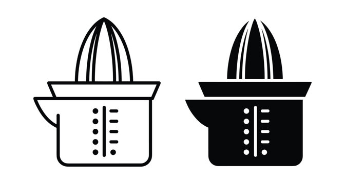 Manual citrus juicer icon set featuring outline and solid black styles for kitchen appliance design lemon squeezer orange juice extractor