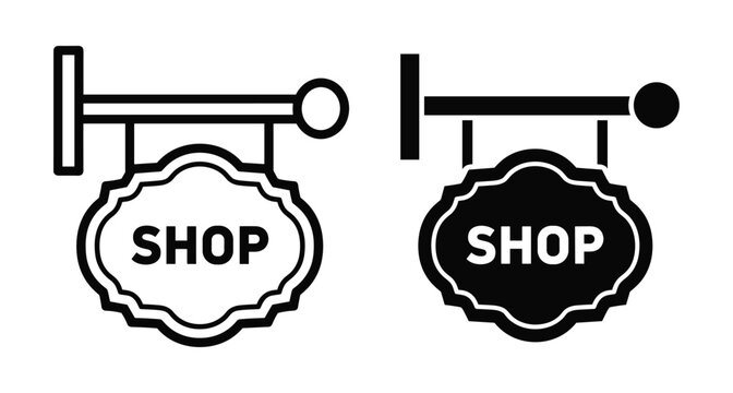 Vintage hanging shop sign icon set with outline and solid black versions for retail store front business signage and commerce
