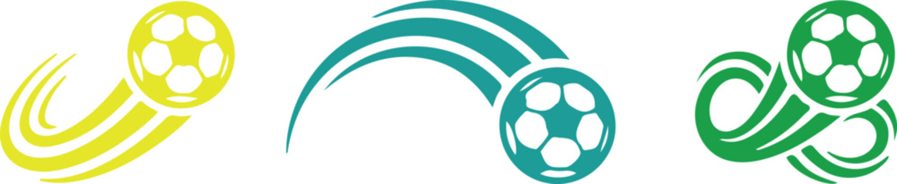 Soccer ball icons with infinity loop trail, parabolic arc, and dynamic curve motion vectors