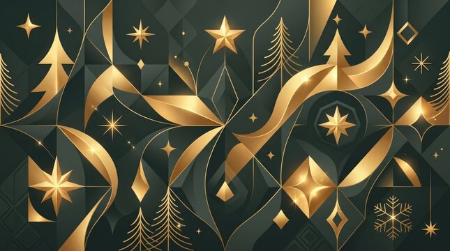 Merry Christmas Day 2026 abstract Background Elegant gold holiday pattern with stars, trees, and snowflakes on dark background