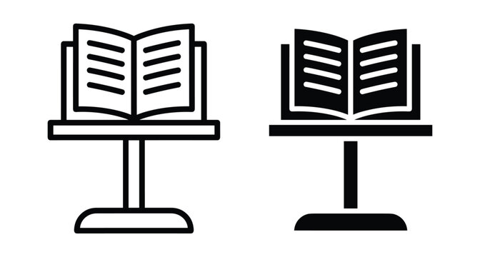 Open book on a lectern stand icon set featuring outline and solid silhouette versions for education speech music and reading