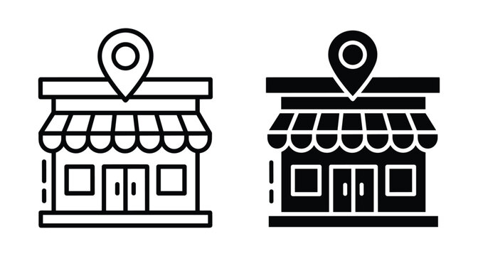 Storefront location icon set with shop building and map pin pointer for retail business navigation and local commerce web design