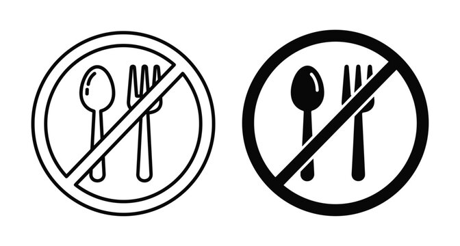 No eating sign icon set with spoon and fork inside prohibition circle symbol for restaurant rules and public area notices