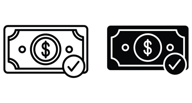 Dollar bill money icon set with checkmark symbol for payment verification financial transaction success approved currency note outline and solid style