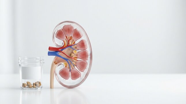 Kidney stone concept with anatomical kidney model and specimen cup containing renal calculi on clean white background for urology and nephrology diagnostics.