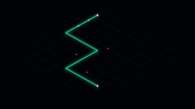 Abstract glowing neon geometric lines forming digital constellation patterns on black background.