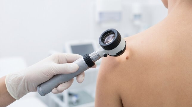 Dermatologist examining a mole on patient&rsquo;s shoulder with a dermatoscope in a clean clinic, close-up skin cancer screening and mole check.
