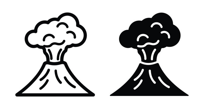 Volcano eruption icon set featuring mountain peak with smoke and ash clouds in outline and solid black silhouette styles
