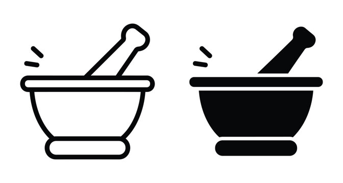 Mortar and pestle icon set for pharmacy medicine laboratory cooking herbal apothecary grinding bowl tool equipment symbol sign vector illustration
