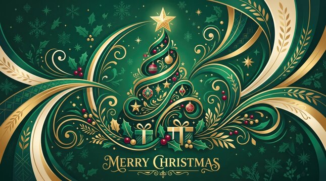 Merry Christmas Day 2026 abstract Background Elegant christmas illustration with ornate swirls and gift box design