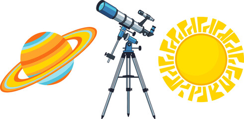 Astronomy and Space Exploration Icon Set with Ringed Planet Saturn, Blue Telescope on Tripod Stand, and Yellow Sun Vector Illustration © Borsha