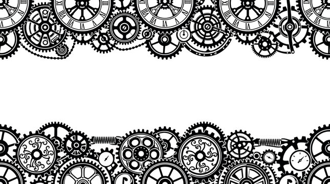 Seamless border pattern with steampunk clockwork gears and cogs isolated on white background