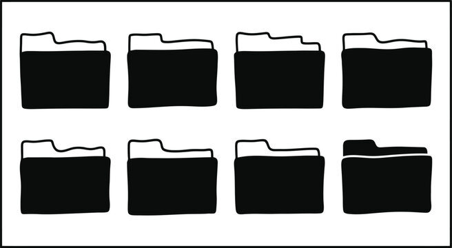 Hand drawn folder icons set, 8 black sketch file folders with tabs, organic doodle document storage symbols for office organization and web design