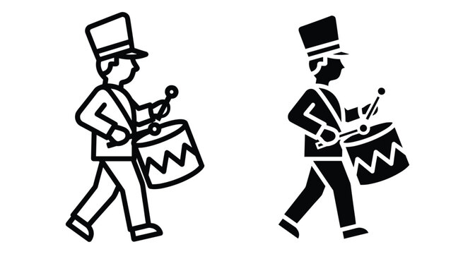 Drummer icon set featuring a marching band musician in uniform playing a drum with sticks in outline and solid styles for music parade design