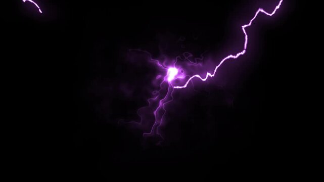 Advanced electric energy spark bursts, luminous blue electric thunder storm line force lightning bolt, animated purple color random lightning power effects. 4K video