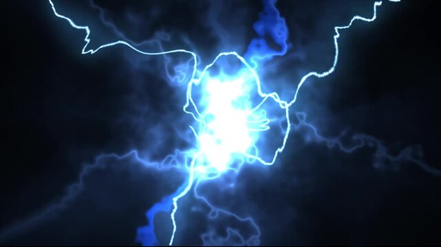Simple energy thunder storm lightning bolt transition on black background, on black background, blue electric striking burst, Strong thunder lights animated overlay, 4K
