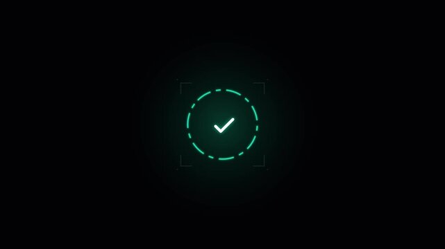 Futuristic digital interface loading animation with green checkmark success icon.