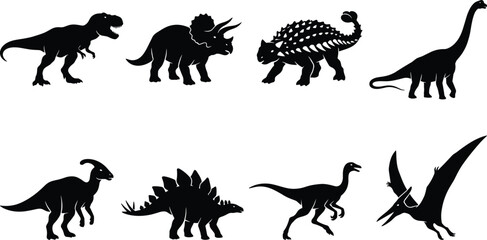 Prehistoric dinosaurs and flying pterodactyl silhouette vector icon set featuring tyrannosaurus rex triceratops ankylosaurus brachiosaurus parasaurolophus stegosaurus  © ORCHONA