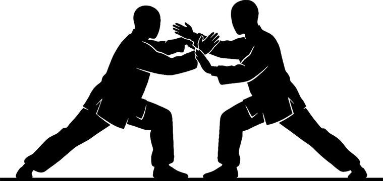 Two martial artists practicing traditional kung fu moves.