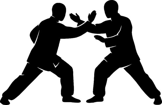 Two martial artists performing a dynamic fighting stance.